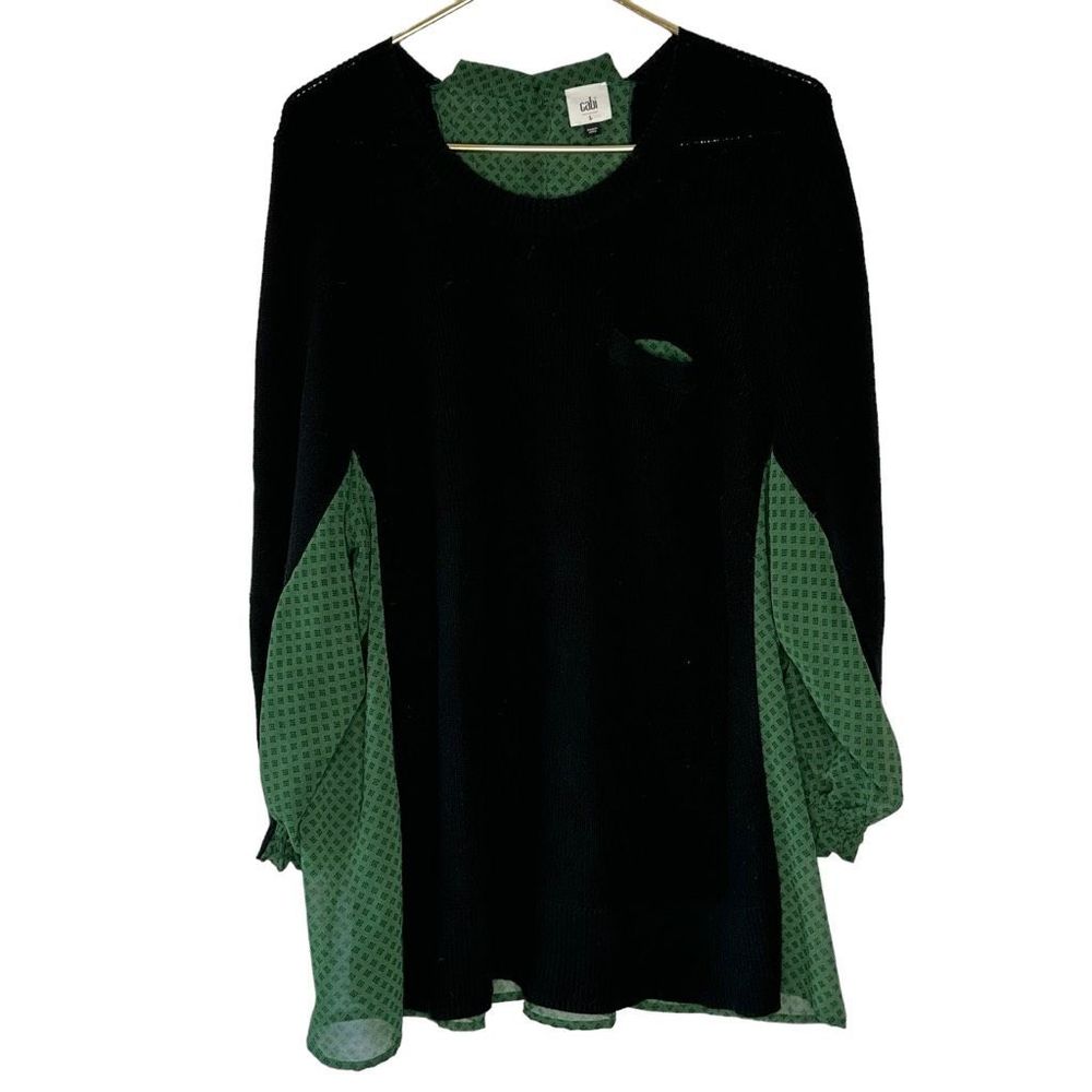 CAbi Women’s L Knit Front Pattern Back Boho Tunic Black & Green Unique
